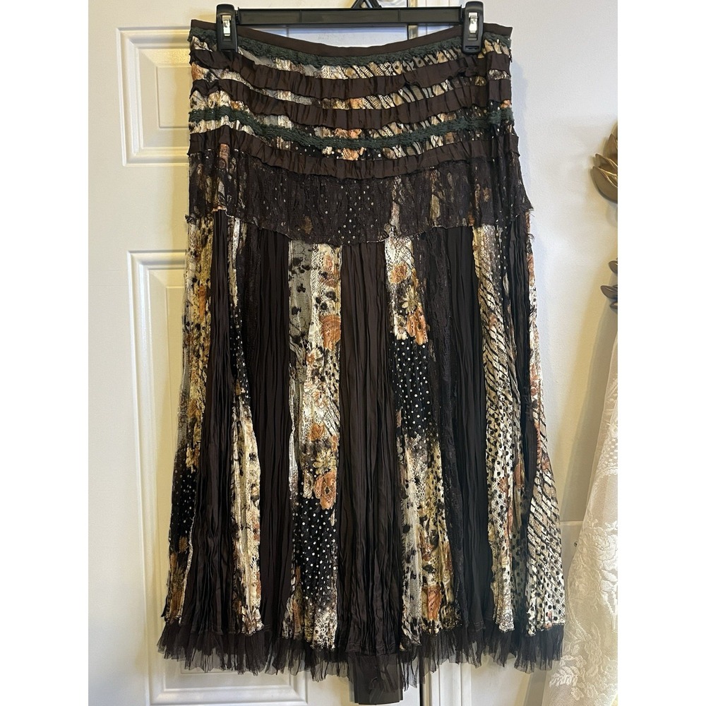 Vintage Simon Chang Y2K Whimsigoth Patchwork Midi Skirt Brown Lace Ruffle sz 12
